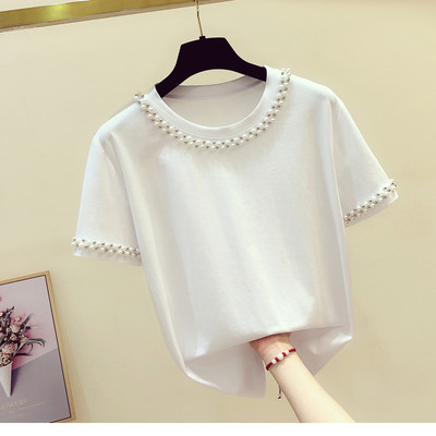 Pamučna majica kratkih rukava s biserima i O-izrezom ženska elegantna bijela majica kratkih rukava femme korejski modis majice nove ljetne majice 2022.