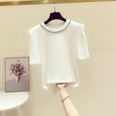 Pamučna majica kratkih rukava s biserima i O-izrezom ženska elegantna bijela majica kratkih rukava femme korejski modis majice nove ljetne majice 2022.