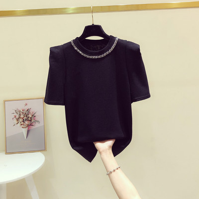 Pamučna majica kratkih rukava s biserima i O-izrezom ženska elegantna bijela majica kratkih rukava femme korejski modis majice nove ljetne majice 2022.