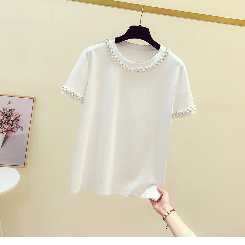 Pamučna majica kratkih rukava s biserima i O-izrezom ženska elegantna bijela majica kratkih rukava femme korejski modis majice nove ljetne majice 2022.