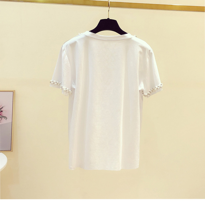 Pamučna majica kratkih rukava s biserima i O-izrezom ženska elegantna bijela majica kratkih rukava femme korejski modis majice nove ljetne majice 2022.