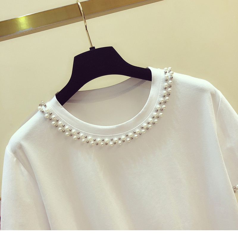 Pamučna majica kratkih rukava s biserima i O-izrezom ženska elegantna bijela majica kratkih rukava femme korejski modis majice nove ljetne majice 2022.