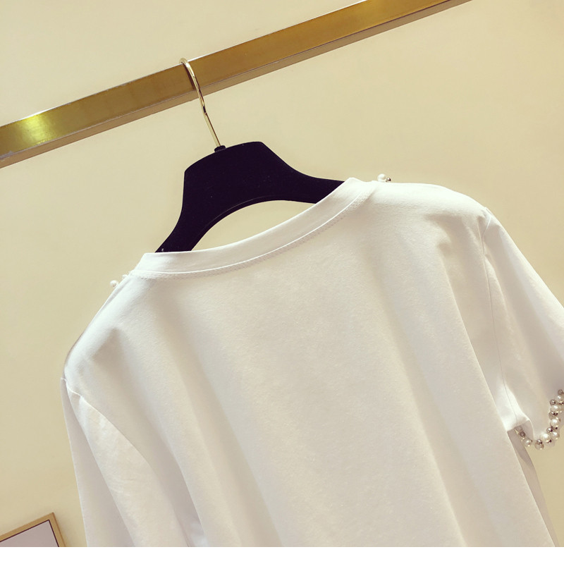 Pamučna majica kratkih rukava s biserima i O-izrezom ženska elegantna bijela majica kratkih rukava femme korejski modis majice nove ljetne majice 2022.