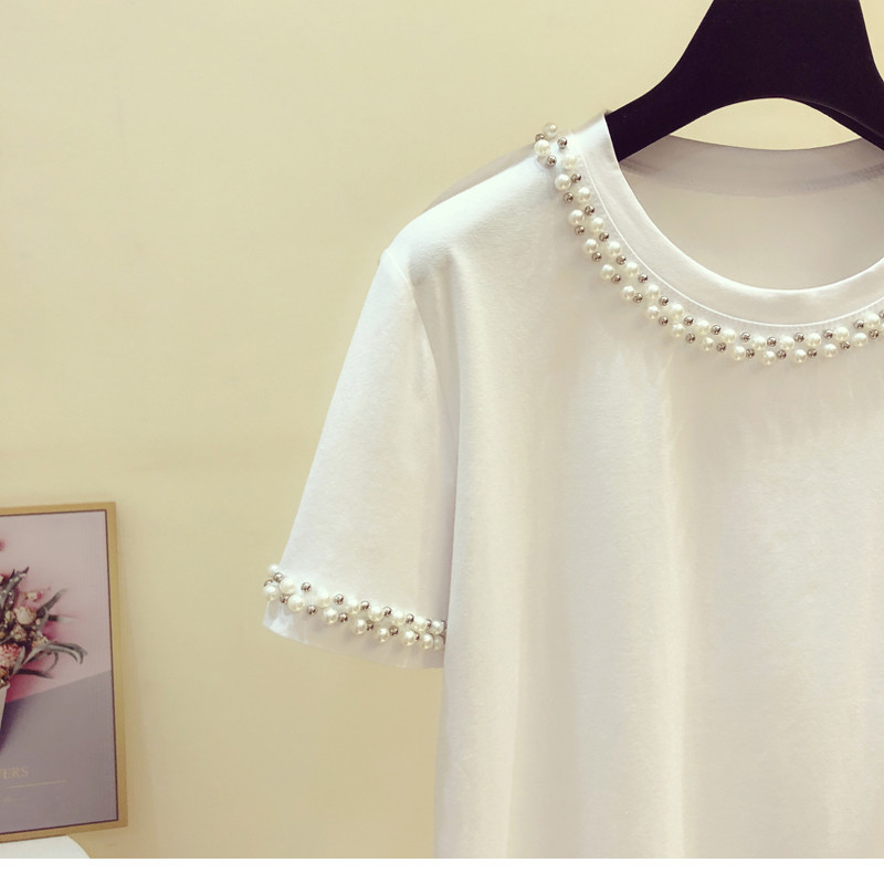 Pamučna majica kratkih rukava s biserima i O-izrezom ženska elegantna bijela majica kratkih rukava femme korejski modis majice nove ljetne majice 2022.