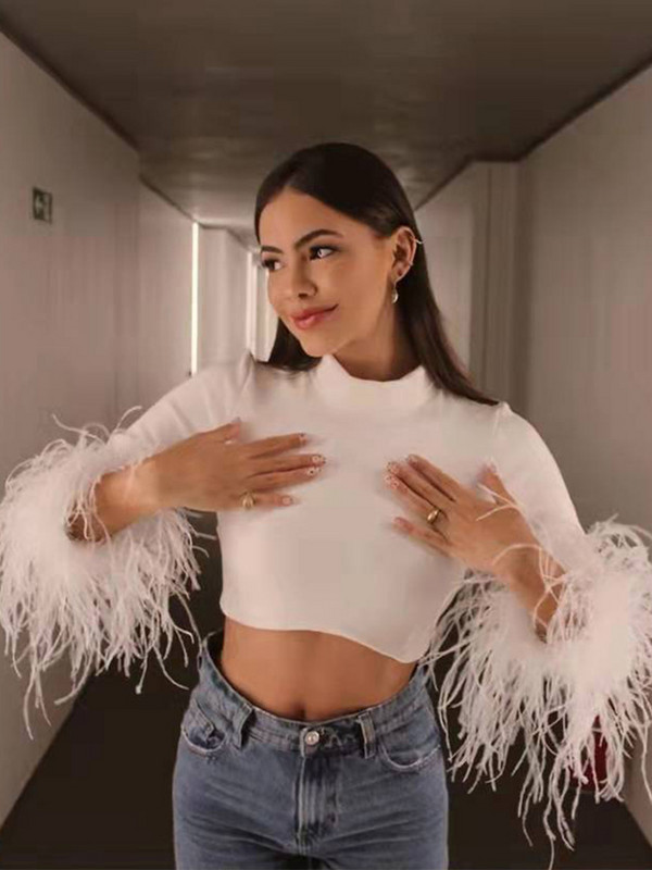 Tricou decupat cu pene pentru femei 2022 slăbit de primăvară la modă pentru femei Tricouri cu mânecă lungă cu panouri Tricouri pentru femei