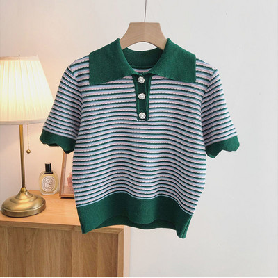 Tricouri Femei Moda de vară Elegante guler răsturnat Lambriuri Stil coreean Sărbători Lejer în dungi Top tricotat pentru femei