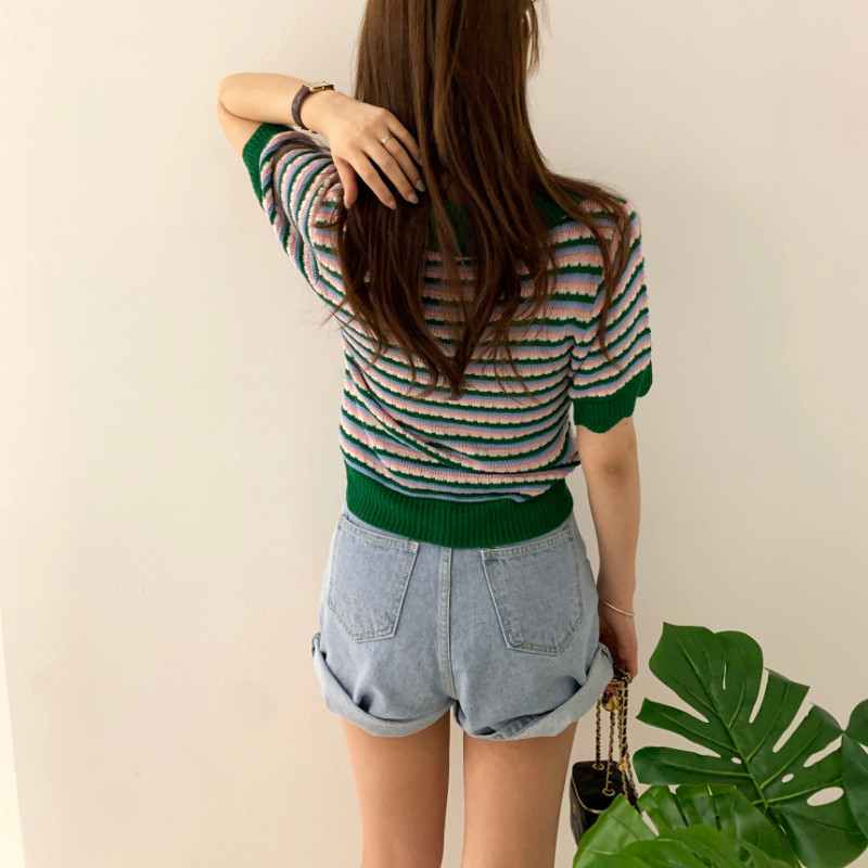 Tricouri Femei Moda de vară Elegante guler răsturnat Lambriuri Stil coreean Sărbători Lejer în dungi Top tricotat pentru femei