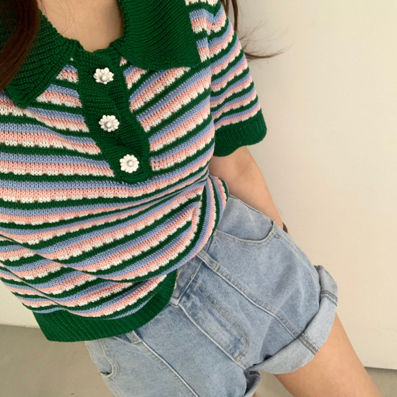 Tricouri Femei Moda de vară Elegante guler răsturnat Lambriuri Stil coreean Sărbători Lejer în dungi Top tricotat pentru femei