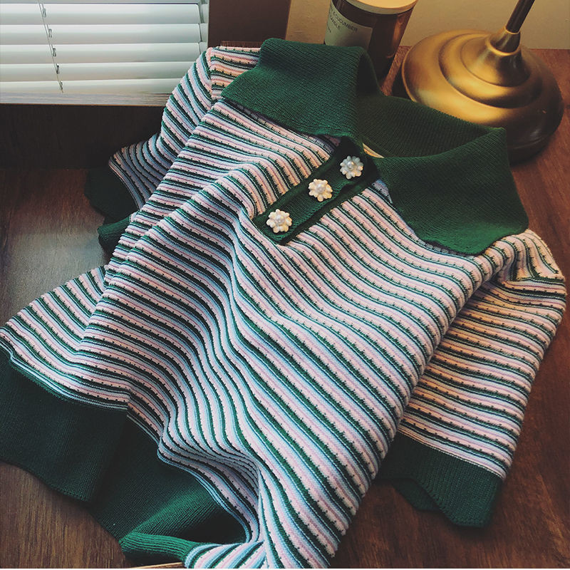 Tricouri Femei Moda de vară Elegante guler răsturnat Lambriuri Stil coreean Sărbători Lejer în dungi Top tricotat pentru femei