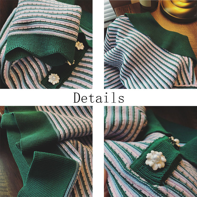 Tricouri Femei Moda de vară Elegante guler răsturnat Lambriuri Stil coreean Sărbători Lejer în dungi Top tricotat pentru femei