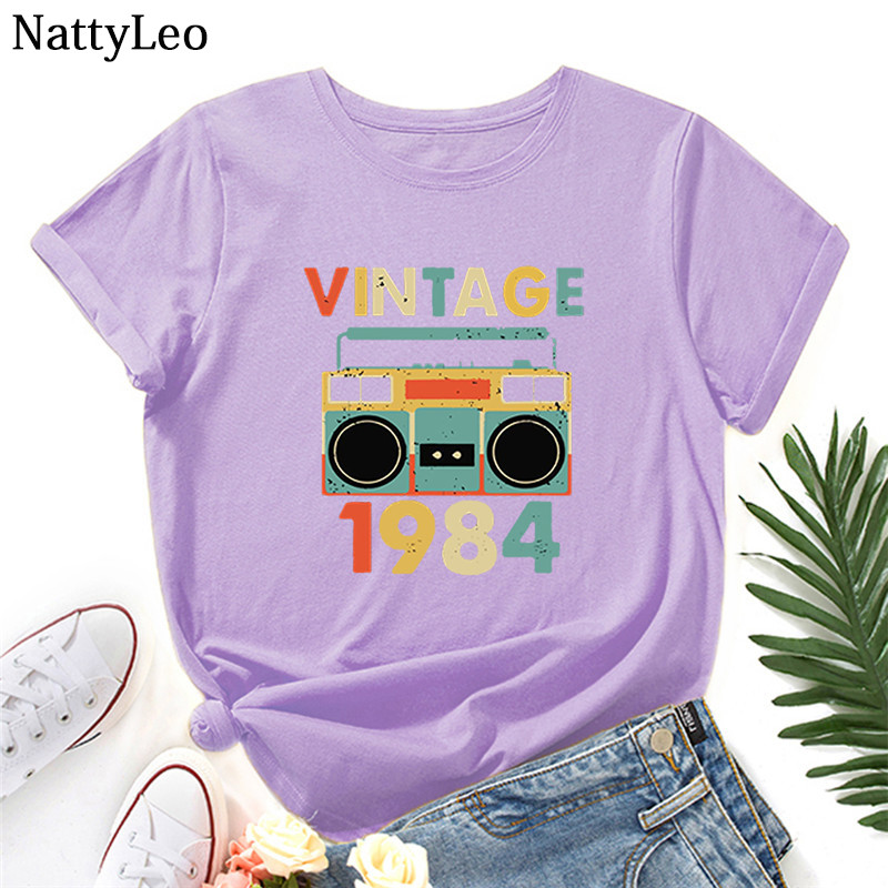 Îmbrăcăminte pentru femei de vară Tricou cu imprimeu cu litere din 1984 Cămașă pentru femei 100% bumbac Tricou cu mânecă scurtă Gâtul O Topuri supradimensionate Violet