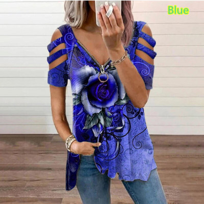 SNAKE YX Graphic Tee Moteriški marškinėliai su rožių gėlėmis, kasdieniai su užtrauktuku V formos iškirpte Minkšti ir patogūs viršutiniai marškinėliai plius mada