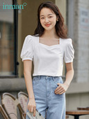 INMAN moteriški marškinėliai Elegantiški, madingi, moteriški palaidinės, kvadratinės apykaklės, moteriški drabužiai trumpomis pūstomis rankovėmis.