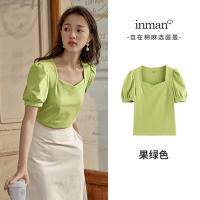 INMAN moteriški marškinėliai Elegantiški, madingi, moteriški palaidinės, kvadratinės apykaklės, moteriški drabužiai trumpomis pūstomis rankovėmis.