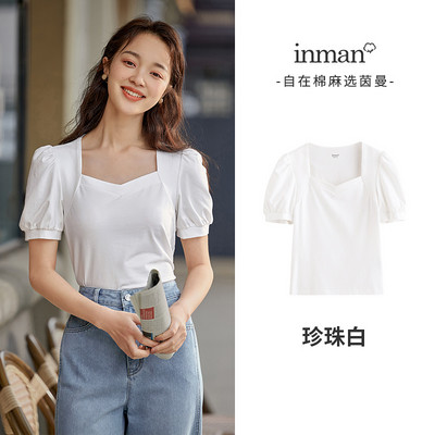 INMAN moteriški marškinėliai Elegantiški, madingi, moteriški palaidinės, kvadratinės apykaklės, moteriški drabužiai trumpomis pūstomis rankovėmis.