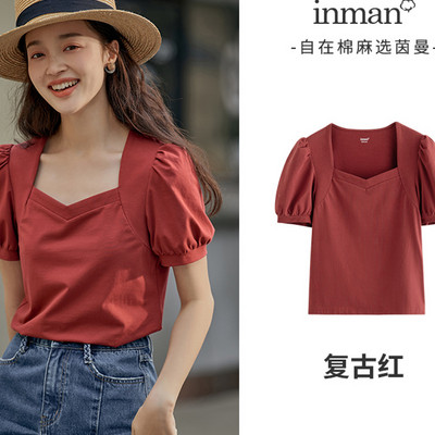 INMAN moteriški marškinėliai Elegantiški, madingi, moteriški palaidinės, kvadratinės apykaklės, moteriški drabužiai trumpomis pūstomis rankovėmis.