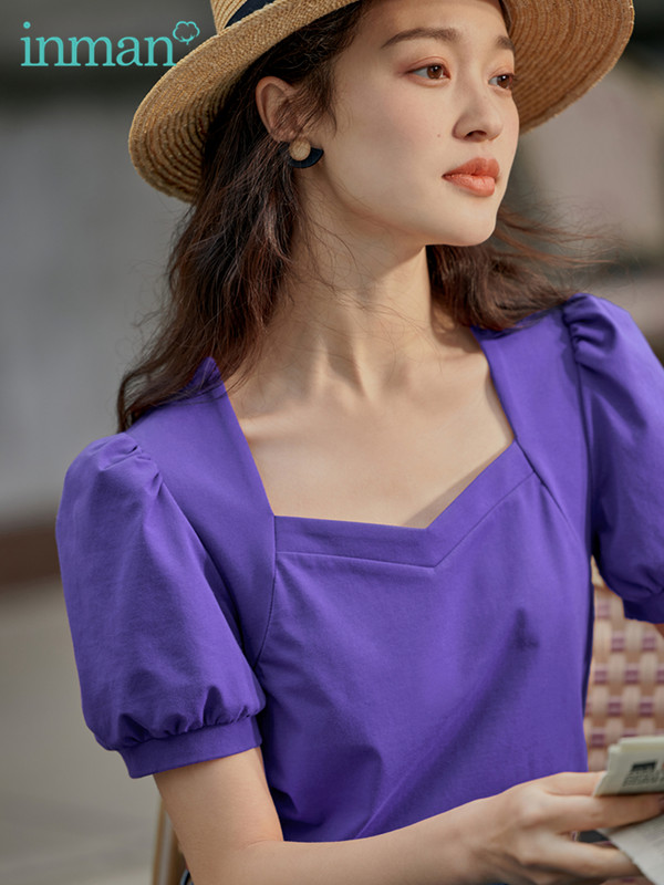 INMAN moteriški marškinėliai Elegantiški, madingi, moteriški palaidinės, kvadratinės apykaklės, moteriški drabužiai trumpomis pūstomis rankovėmis.