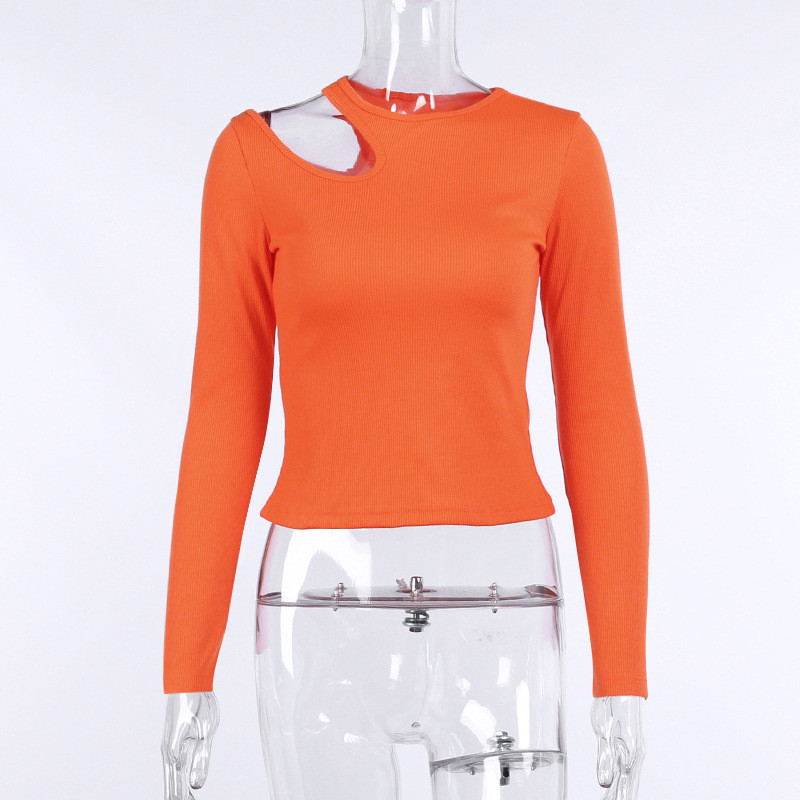 Szexi hollow out női póló, alkalmi kerek nyakú, hosszú ujjú, vékony, nyírt felsők, 2022. őszi, szolid, elegáns alappólók