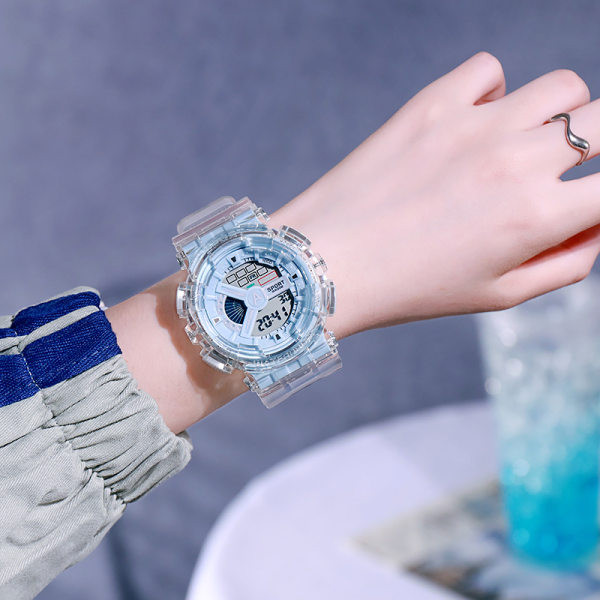 Sportiškas vyriškas laikrodis su skaidriu apyranke ir apvaliu ciferblatu