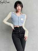 Sylcue Drăguț Pur Tineret Compact Versatil Navetă Bland Proaspăt Subțire Simplu Tendință Moda Ombilical Top scurt pentru femei