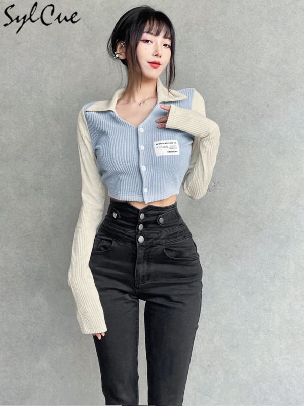 Sylcue Drăguț Pur Tineret Compact Versatil Navetă Bland Proaspăt Subțire Simplu Tendință Moda Ombilical Top scurt pentru femei