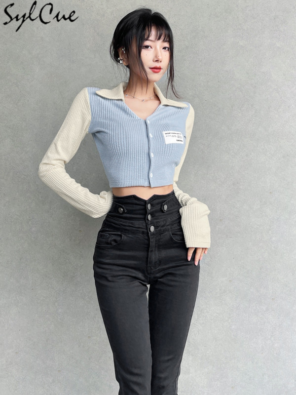 Sylcue Drăguț Pur Tineret Compact Versatil Navetă Bland Proaspăt Subțire Simplu Tendință Moda Ombilical Top scurt pentru femei