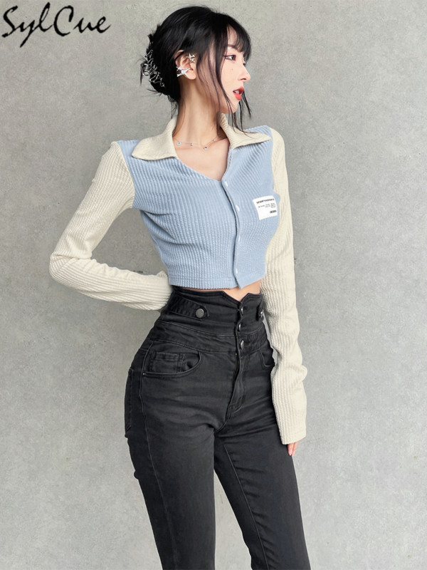 Sylcue Drăguț Pur Tineret Compact Versatil Navetă Bland Proaspăt Subțire Simplu Tendință Moda Ombilical Top scurt pentru femei