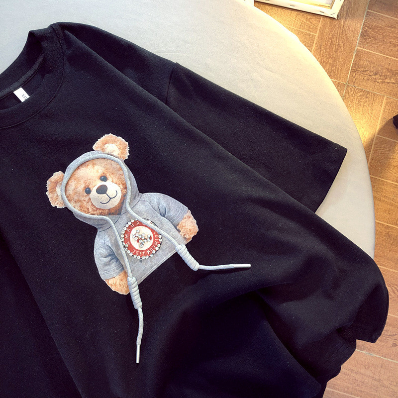 Női pólók Harajuku Girls Nagy méretű felsők Rajzfilm kapucnis Medvemintás póló Rövid ujjú Bő nyári póló Fehér pólók