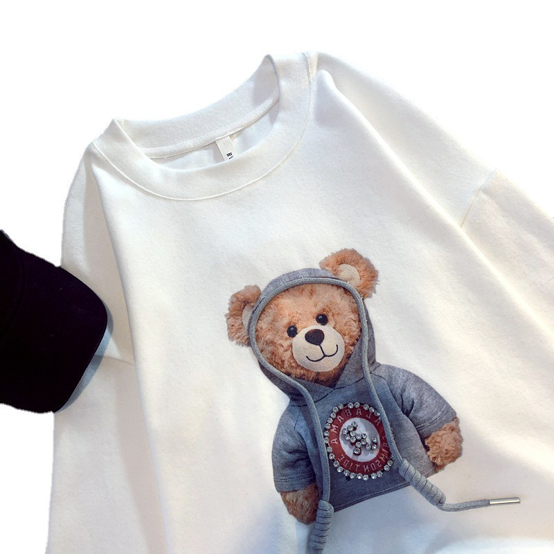 Női pólók Harajuku Girls Nagy méretű felsők Rajzfilm kapucnis Medvemintás póló Rövid ujjú Bő nyári póló Fehér pólók