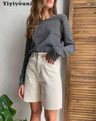 Topuri casual Yiyiyouni cu mâneci lungi pentru femei 2022, la modă, în dungi, cu gâtul O, negru, alb, de bază, pentru femei, îmbrăcăminte de stradă vintage, top gotic