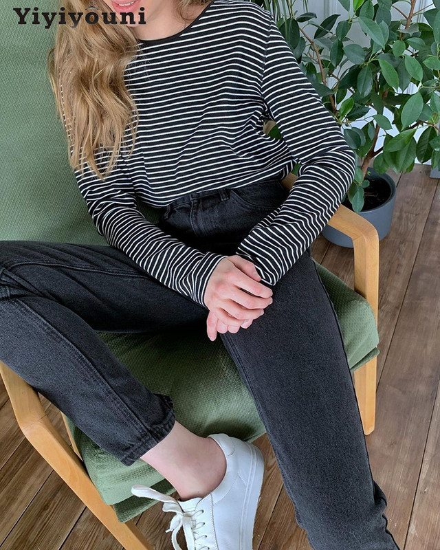 Topuri casual Yiyiyouni cu mâneci lungi pentru femei 2022, la modă, în dungi, cu gâtul O, negru, alb, de bază, pentru femei, îmbrăcăminte de stradă vintage, top gotic