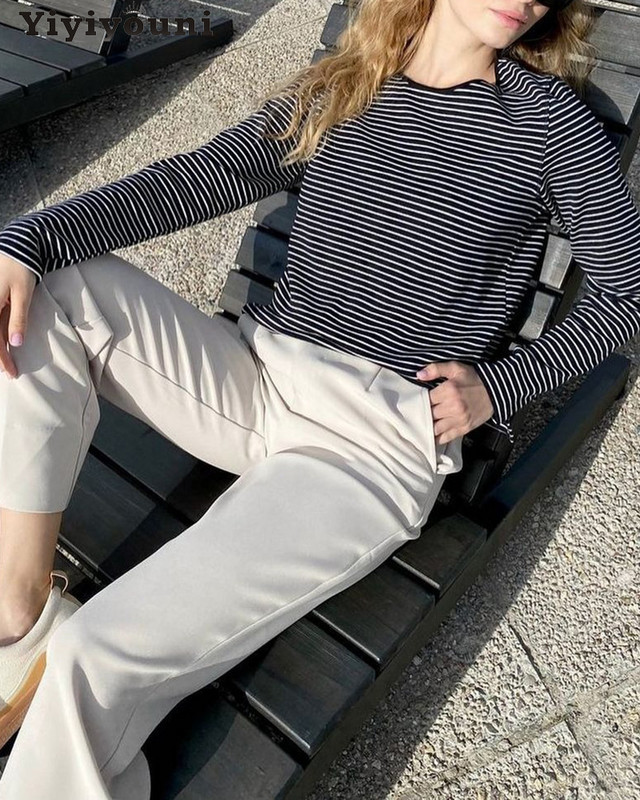 Topuri casual Yiyiyouni cu mâneci lungi pentru femei 2022, la modă, în dungi, cu gâtul O, negru, alb, de bază, pentru femei, îmbrăcăminte de stradă vintage, top gotic