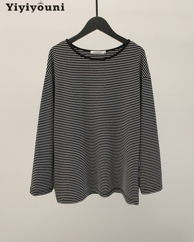 Topuri casual Yiyiyouni cu mâneci lungi pentru femei 2022, la modă, în dungi, cu gâtul O, negru, alb, de bază, pentru femei, îmbrăcăminte de stradă vintage, top gotic