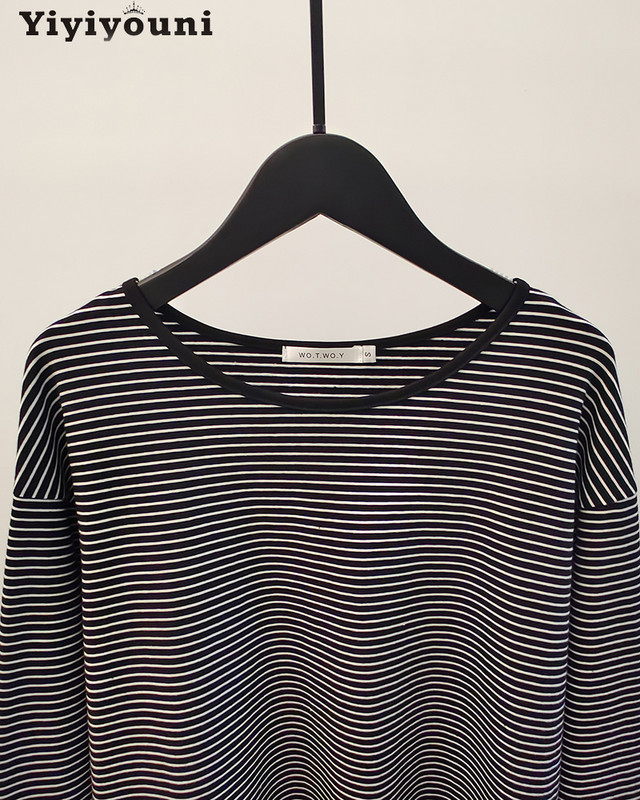 Topuri casual Yiyiyouni cu mâneci lungi pentru femei 2022, la modă, în dungi, cu gâtul O, negru, alb, de bază, pentru femei, îmbrăcăminte de stradă vintage, top gotic
