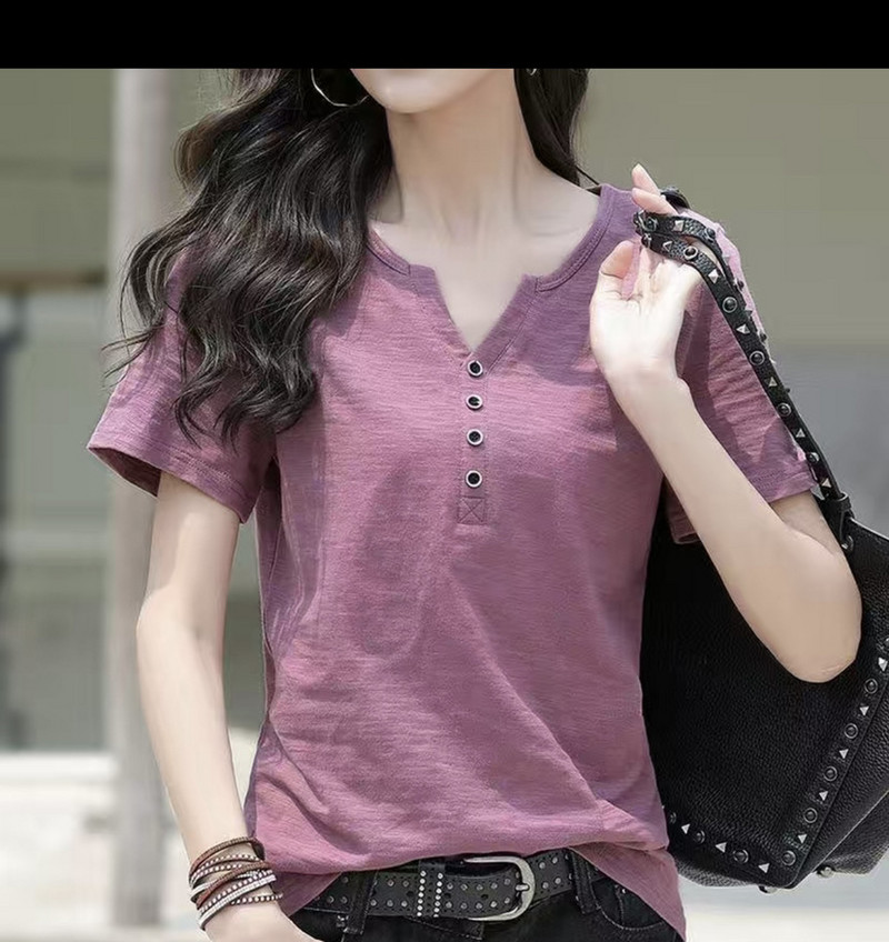 Divat nyári felső Női V nyakú póló Slim Fit Stretch vegyes pamut póló Elegáns rövid ujjú póló alsó ing hímzett felső