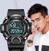 Ceas electronic rezistent la apa cu curea de cauciuc pentru barbati