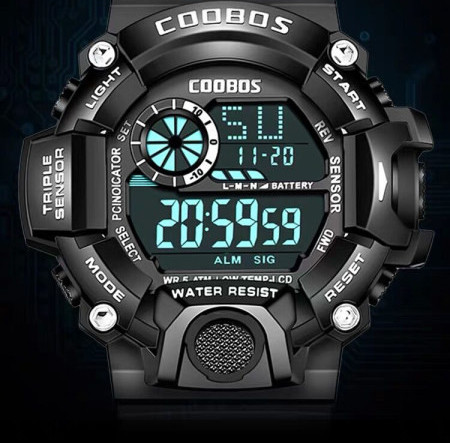Ceas electronic rezistent la apa cu curea de cauciuc pentru barbati