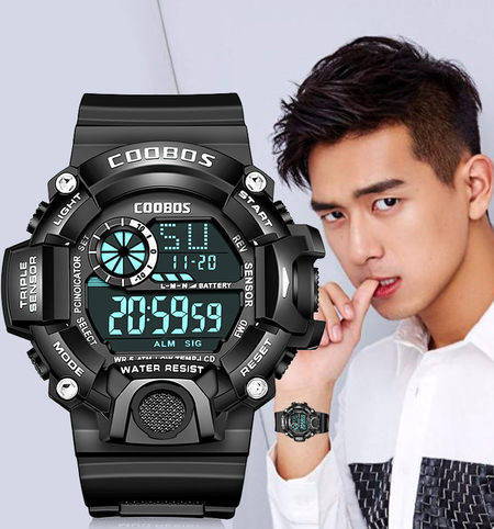 Ceas electronic rezistent la apa cu curea de cauciuc pentru barbati