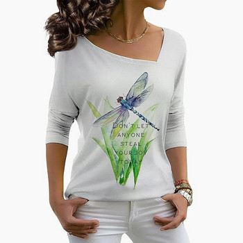 2022 Flower Dragonfly Print Μακρυμάνικο Oversized Κορυφαίο σέξι μπλουζάκι με λαιμόκοψη V μόδας casual πουλόβερ Φθινοπωρινά χειμωνιάτικα γυναικεία ρούχα