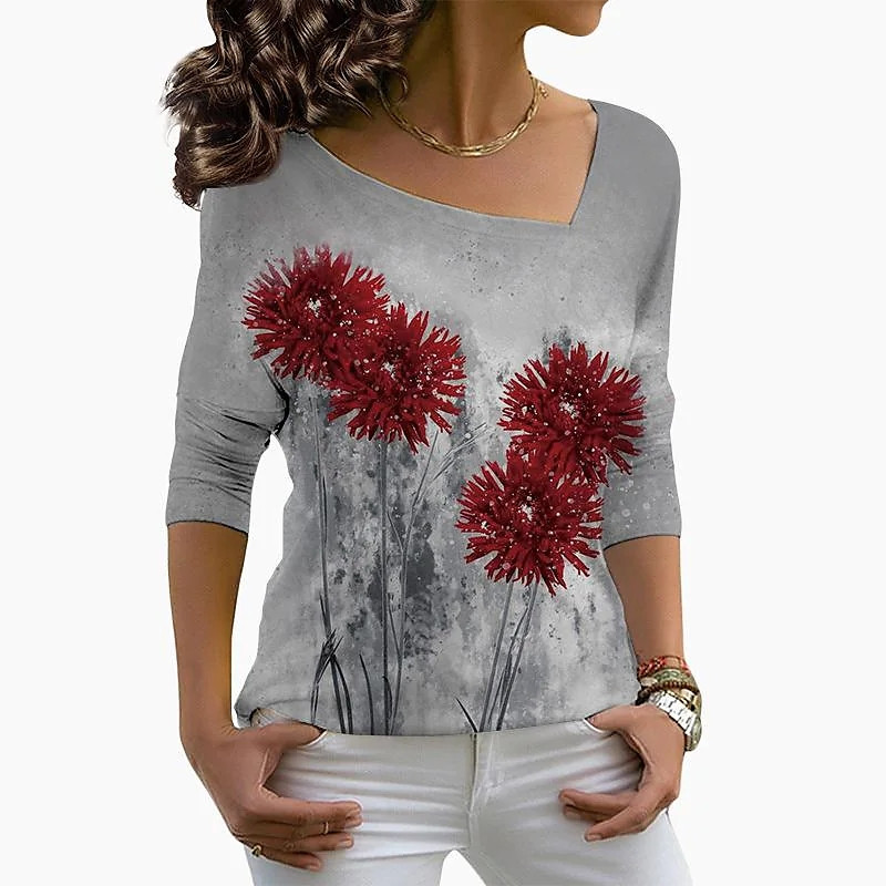 2022 m. Flower Dragonfly Print ilgomis rankovėmis, negabaritinės spalvos, seksualūs marškinėliai V formos iškirpte Madingi laisvalaikio megztiniai, rudens žiemos moteriški drabužiai