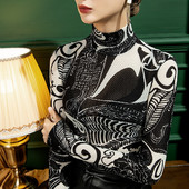 Nyomtatott csipke garbó póló 2022 tavaszi és őszi új retro állvány gallér sztreccs háló szexi alsó ing felső