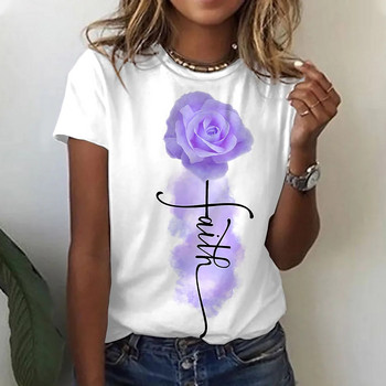 Καλοκαίρι 2022 Γυναικεία 3D στάμπα ροζ μπλουζάκι με λουλούδια με στρογγυλή λαιμόκοψη Βασικές μπλούζες Λευκό χαλαρό πουκάμισο