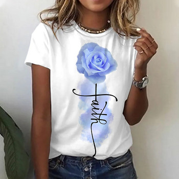Καλοκαίρι 2022 Γυναικεία 3D στάμπα ροζ μπλουζάκι με λουλούδια με στρογγυλή λαιμόκοψη Βασικές μπλούζες Λευκό χαλαρό πουκάμισο