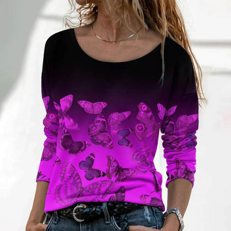 Tricou pentru femei Tricou Gradient de culoare Fluture Strălucitor Zilnic Weekend Fluturi Pictură Tricou Tricou cu mânecă lungă Imprimare Gât rotund