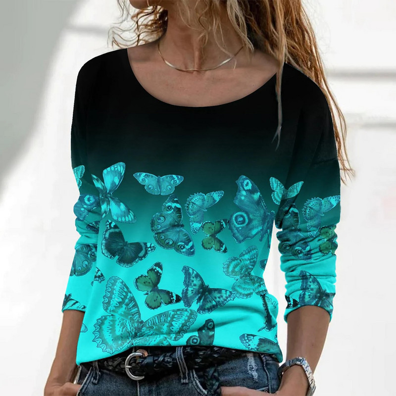 Tricou pentru femei Tricou Gradient de culoare Fluture Strălucitor Zilnic Weekend Fluturi Pictură Tricou Tricou cu mânecă lungă Imprimare Gât rotund