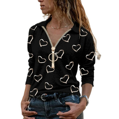 Moterų, 2021 m. rudens mados, meilės širdelės rašto marškinėliai su V formos iškirpte užtrauktuku, laisvalaikio palaidi, dideli moteriški marškinėliai.