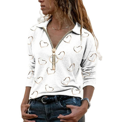 Moterų, 2021 m. rudens mados, meilės širdelės rašto marškinėliai su V formos iškirpte užtrauktuku, laisvalaikio palaidi, dideli moteriški marškinėliai.