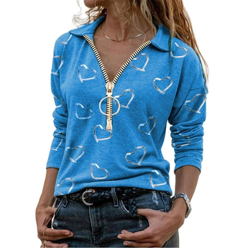 Moterų, 2021 m. rudens mados, meilės širdelės rašto marškinėliai su V formos iškirpte užtrauktuku, laisvalaikio palaidi, dideli moteriški marškinėliai.