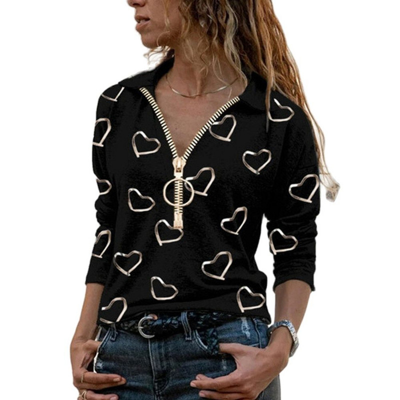 Moterų, 2021 m. rudens mados, meilės širdelės rašto marškinėliai su V formos iškirpte užtrauktuku, laisvalaikio palaidi, dideli moteriški marškinėliai.
