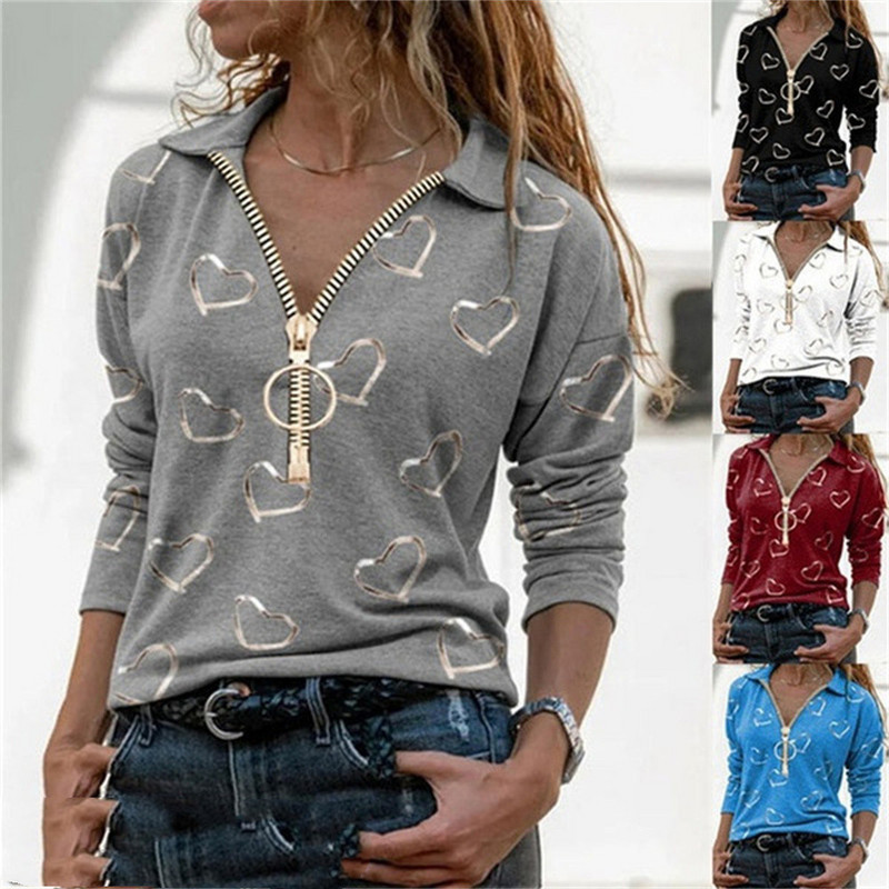 Moterų, 2021 m. rudens mados, meilės širdelės rašto marškinėliai su V formos iškirpte užtrauktuku, laisvalaikio palaidi, dideli moteriški marškinėliai.